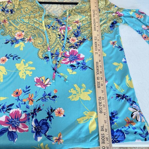 Susan Gravel Liquid Knit Paisley Floral Popover Top Size L Blue Pretty Office - Picture 10 of 11
